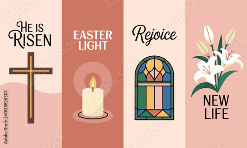 Set of four easter illustrations with cross, candle, window, and lilies