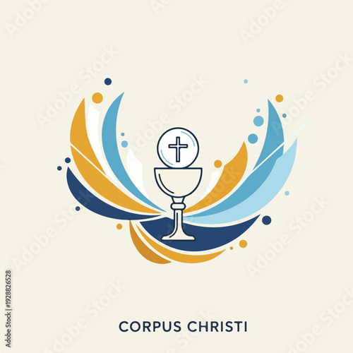A chalice with a cross, surrounded by swirls, on a cream background