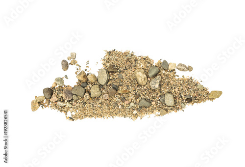 Fotografía Pile of sand and small gravel stones isolated on transparent background, textured construction material with pebbles scattered, close-up macro view