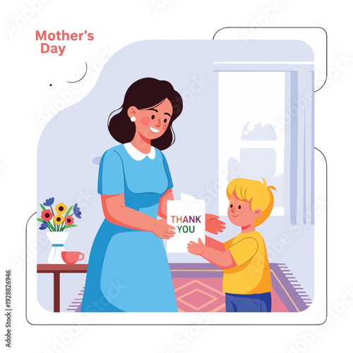 A child gifting a card to his mother on Mother's Day, both smiling