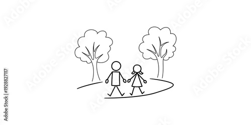 Simple line drawing of a boy and a girl holding hands while walking on a path between two trees. Vector, illustration