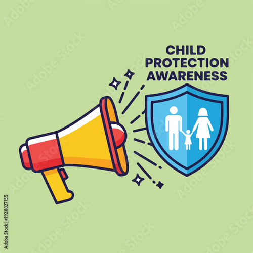 A child protection awareness graphic, featuring a megaphone, shield, and text