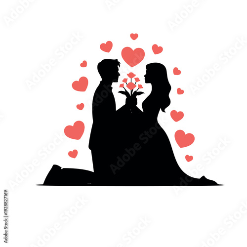 Couple sharing romantic moment with flowers and hearts