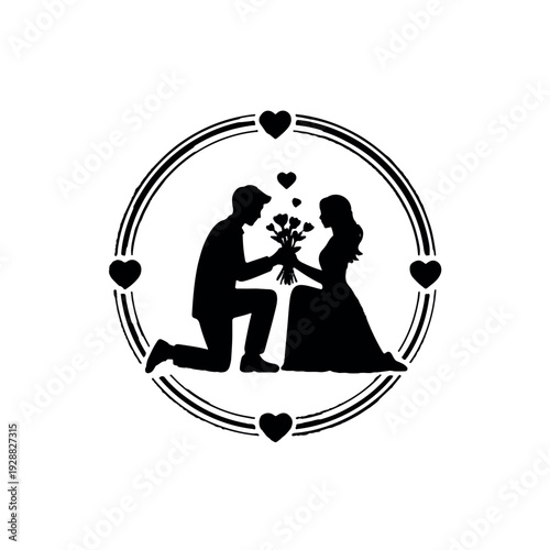 Man proposing to woman with flowers in elegant black silhouette design