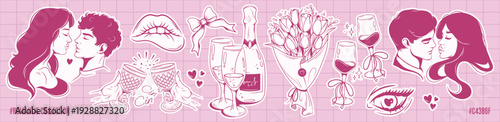 Coquette vintage set with romantic design elements. Flowers, couple of lovers, cocktails, lips, ribbon bow, bottle of champagne. February 14 love stickers. Elegant line art collection.  