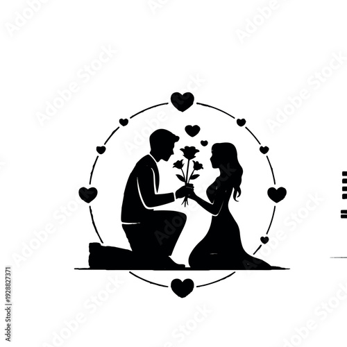 Man proposing to woman with flowers in romantic silhouette Vector Art