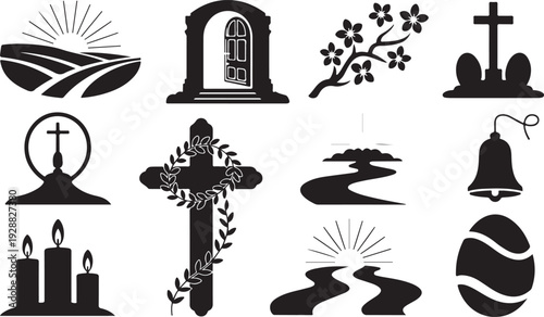 Spiritual cross icons with natural elements and religious buildings