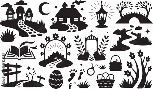 Whimsical garden village silhouettes with cottages and stone paths