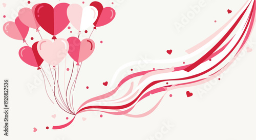 A cluster of heart-shaped balloons floats up with ribbons against white