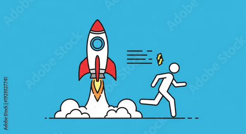 Person running towards a rocket ship launching into space.