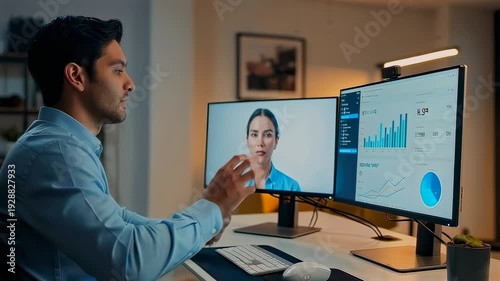 Wallpaper Mural Man video conferencing, Professional utilizing multiple screens for remote collaboration tasks, Person in lowlit workspace managing video calls and interactive dashboards efficiently Torontodigital.ca