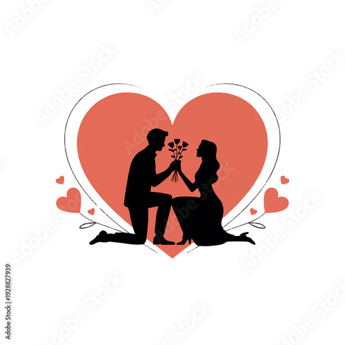 Romantic proposal scene with loving couple exchanging flowers and love