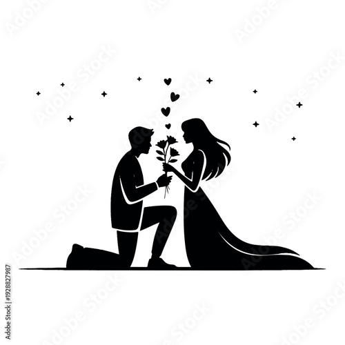 Romantic proposal scene with man kneeling and giving flowers to woman