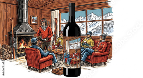 People gathered in a cozy cabin enjoying wine by the fireplace.