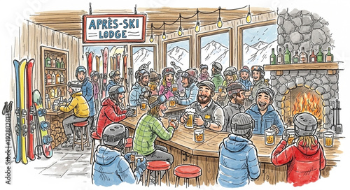 People enjoying apres ski at a cozy lodge bar.
