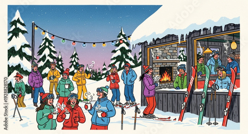 People enjoying a winter ski resort during the holidays.