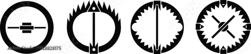 Circular bear trap silhouettes with sharp teeth and trigger mechanisms, vector illustration design for hunting safety artwork and symbolic projects
