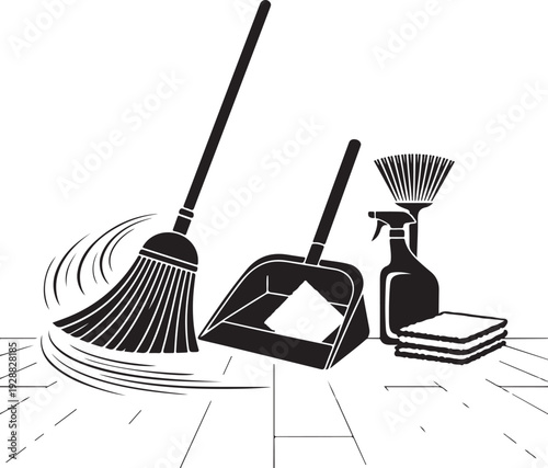 Cleaning supplies set broom dustpan spray bottle sponge vector illustration