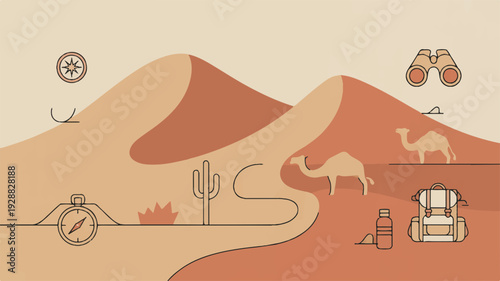 Desert landscape with camel cactus and mountains in minimal flat design style sunny arid environment with travel and adventure elements