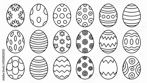 Collection of simple easter egg designs with various patterns on white background for coloring