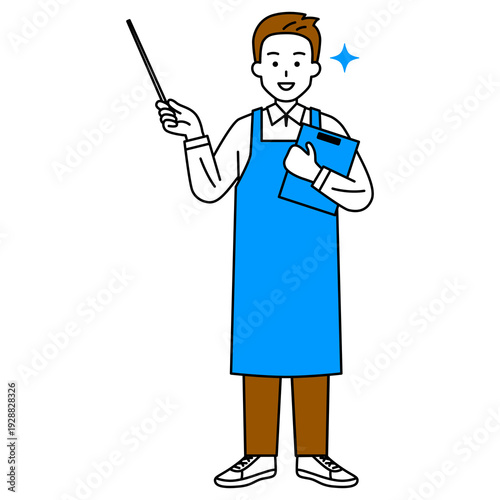 指示棒で説明するエプロン姿の男性（全身）