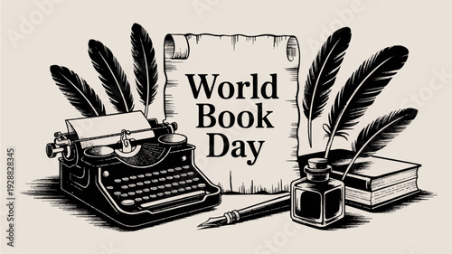 Vintage world book day illustration with typewriter quill pens and books on a desk monochrome style