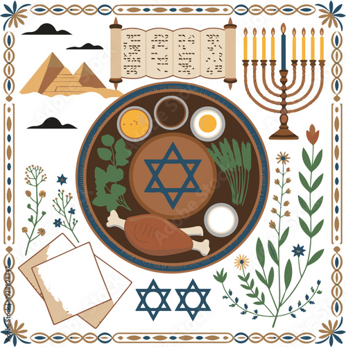 Passover holiday symbols and Seder plate elements