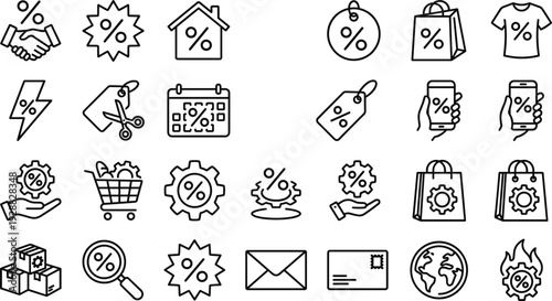 Black Friday Sale Line Icon Set with Discount Tags Shopping Cart Coupon Calendar Percentage and Retail Marketing Symbols