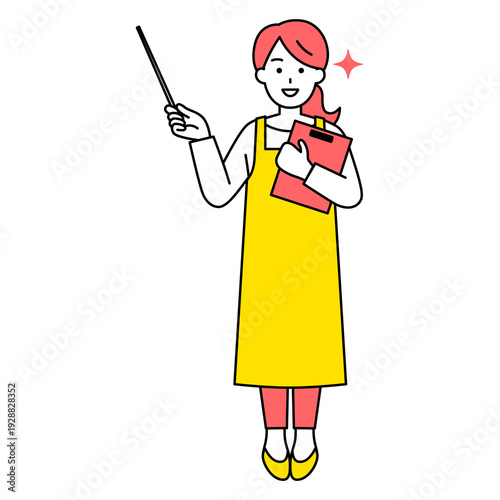 指示棒で説明するエプロン姿の女性（全身）