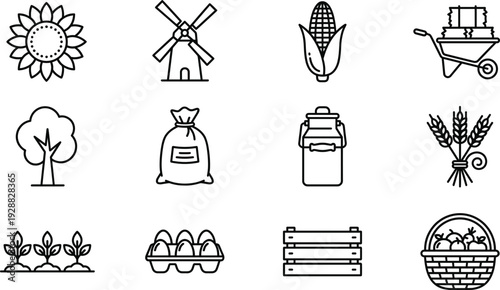 Agriculture Farm Line Icon Set with Sunflower Windmill Corn Wheelbarrow Tree Seeds Eggs Crate Basket and Organic Farming Symbols