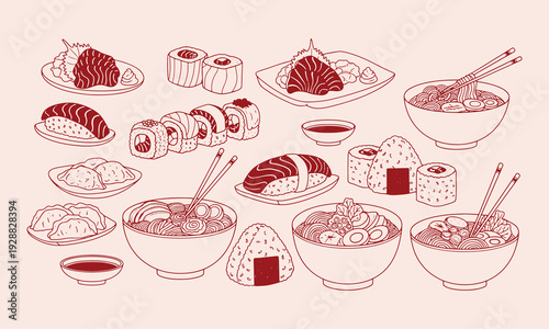 Japanese Food Collection Sushi Ramen Onigiri and Dumplings Hand Drawn Line Art Set