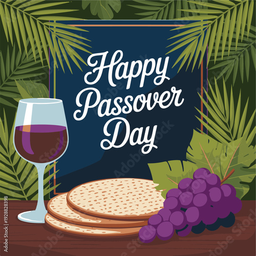 Passover celebration poster with matzah wine grapes and palm foliage