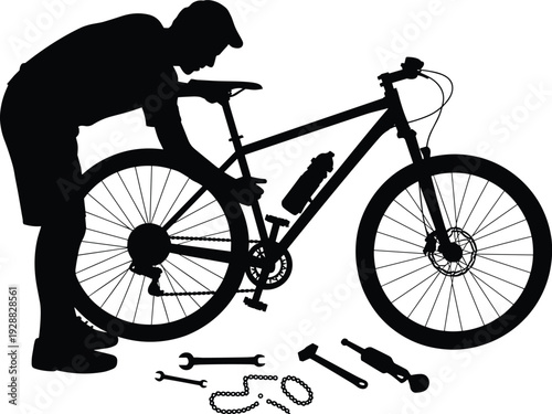 Bicycle mechanic silhouette repairing mountain bike with tools, cycling maintenance service, bike shop technician, professional gear repair, outdoor sports equipment, DIY.