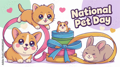 Cheerful pets celebrate national pet day with colorful gifts and joyful expressions