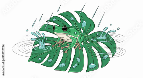 Monstera leaf under rain droplets.