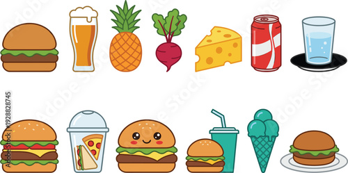 Cute Fast Food and Beverage Icon Set with Burgers Beer Pineapple Cheese Soda Ice Cream and Kawaii Snack Illustrations