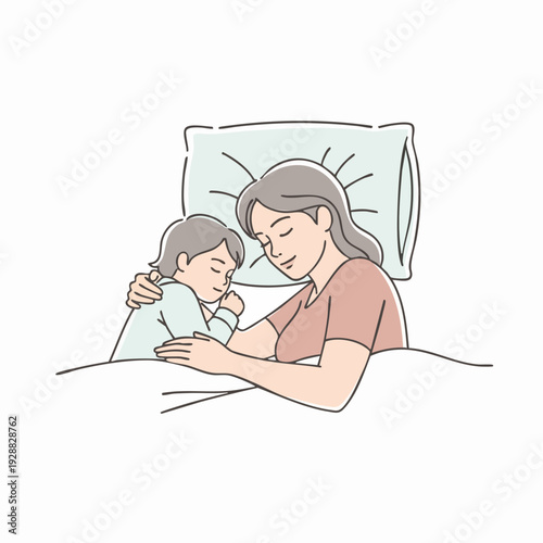 Mother and Child Sleeping Together in Bed.