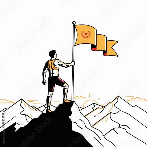 Mountaineer raising flag on snowy summit peak.