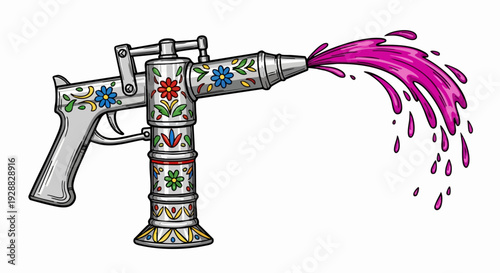 Ornate decorated gun spraying purple liquid.