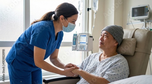 Caring nurse wearing a mask gently holds the hand of a patient receiving intravenous chemotherapy treatment in a hospital room.