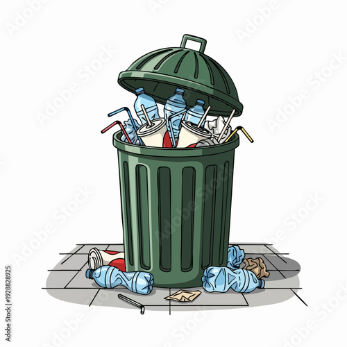 Overflowing garbage can with litter and waste.