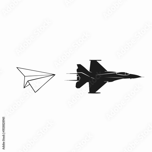Paper Airplane And Jet Fighter Silhouette.