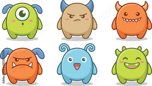 Cute Monster Cartoon Character Set with Colorful Funny Creatures Kawaii Mascot Design for Kids Game and Sticker Collection