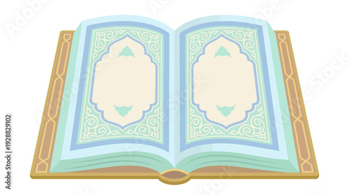 An open Islamic holy book with ornate gold cover and intricate designs.