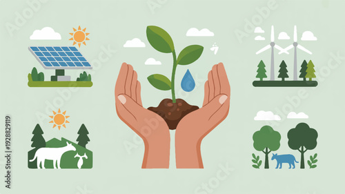 Eco friendly living concept with hands holding plant and sustainable icons around symbolizing green energy conservation and environmental protection