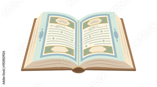 An open book with pages containing text and decorative elements.