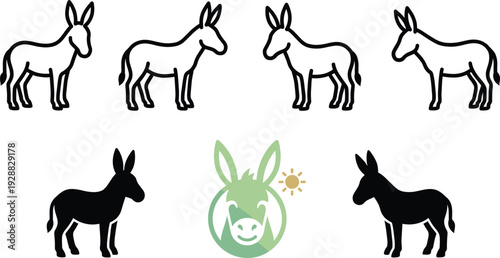 Donkey Outline and Silhouette Icon Set with Farm Animal Poses Cute Mascot Logo and Rural Livestock Vector Collection