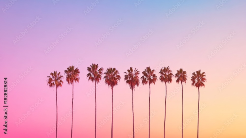Fototapeta premium Eight palm trees rising majestically against a vibrant, colorful sunset sky, creating a picturesque and serene tropical landscape filled with tranquil beauty and exotic charm