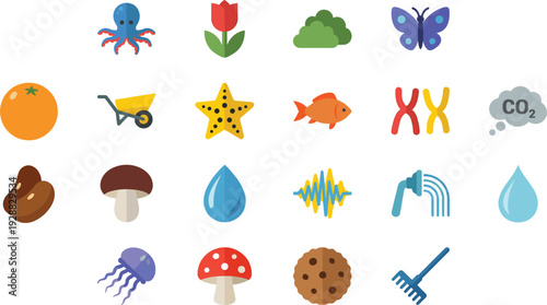 Flat Nature and Science Icon Set with Octopus Tulip Cloud Butterfly Fish Molecule Water Drop and Garden Tools