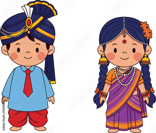 Cute Indian kids in traditional ethnic dress with boy wearing turban and girl in purple saree for Diwali festival celebration